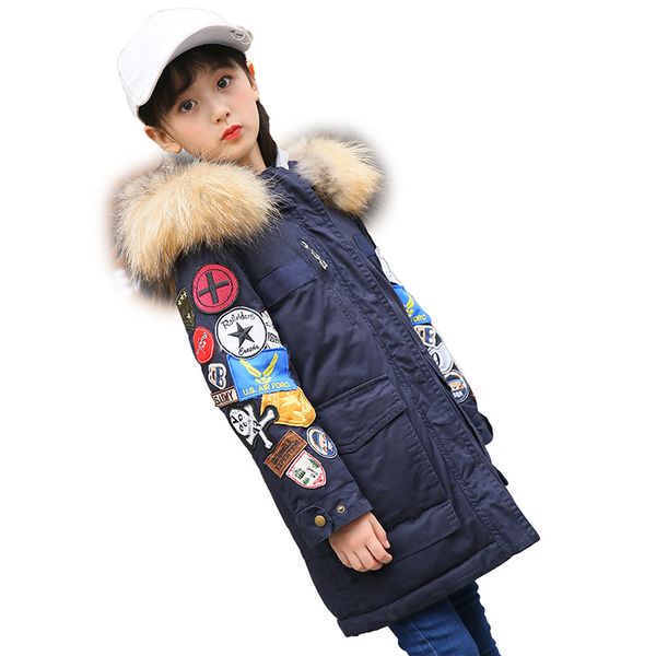 

girls patchwork down parkas children fashion streetwear padding coat teenage winter hooded warm cotton outerwear down aa51892, Blue;gray