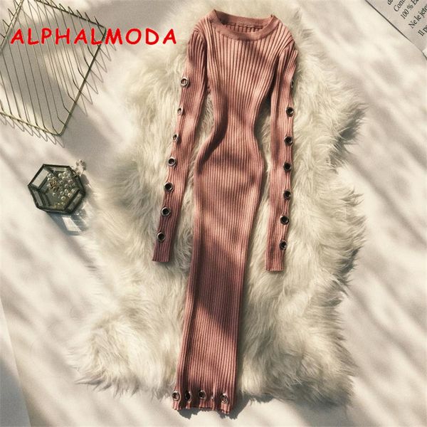 

alphalmoda knit tunic dress autumn 2018 metal holes women xmas dress solid knitting stretchy bodycon robe femme hiver 2018, White;black