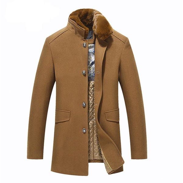 

autumn and winter new high-end men's wool coat thick business casual fur collar jacket solid color overcoat, Black