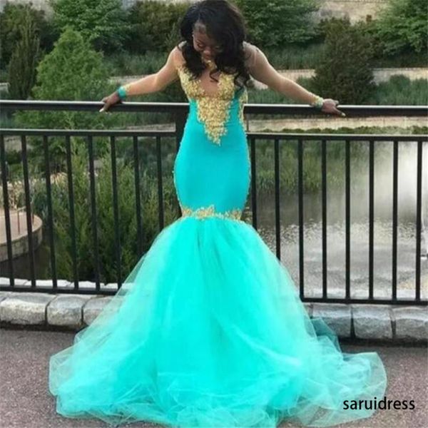 

gold appliques lace high neck sheer long sleeves evening gowns tulle sweep train prom dresses african mermaid prom dresses, Black