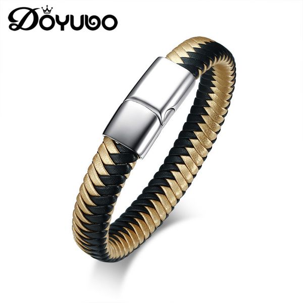 

doyubo new design men gold & black superfiber leather bracelet with stainless steel toggle punk style male leather bangles dd059, White