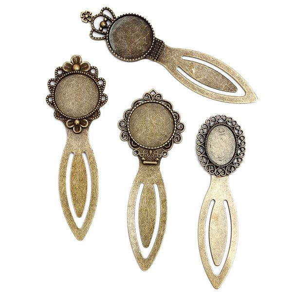 

100 pcs antique bookmark base fit 20mm round glass cabochon blank bezel setting bookmark findings 4 styles8486857, Bronze;silver