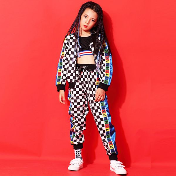 

tide girls boys jazz dance costume set hip hop clothing plaid suit street dancewear children's performance clothing dl3128, Black;red