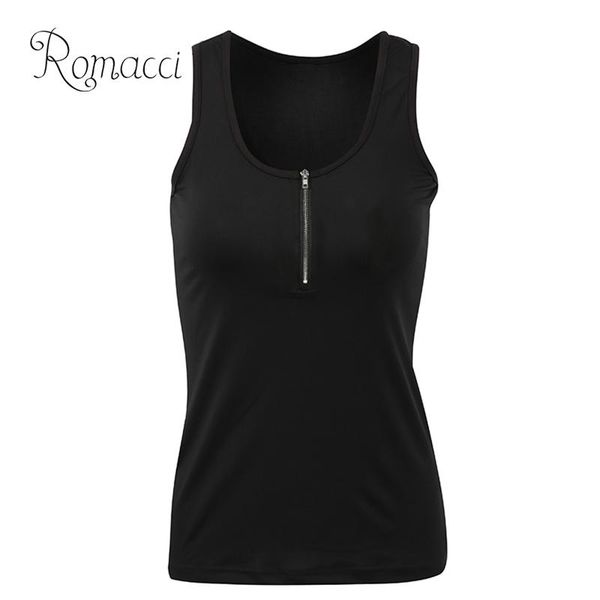

romacci summer for women 2018 low-cut basic vest female plus size tank solid o neck sleeveless zipper camisole top, White