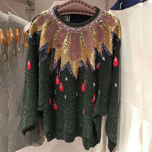 

dark green sequins crystals women's sweaters 2018 peacock embroidery milan runway pullovers women 90737, White;black