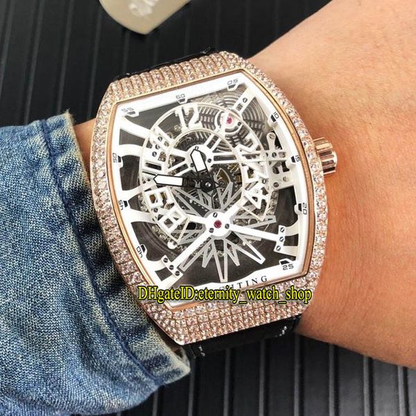 

new vanguard yachting gravity v45 t gr yacht sqt white skeleton dial automatic mens watch rose gold diamond case rubber strap sport watches, Slivery;brown