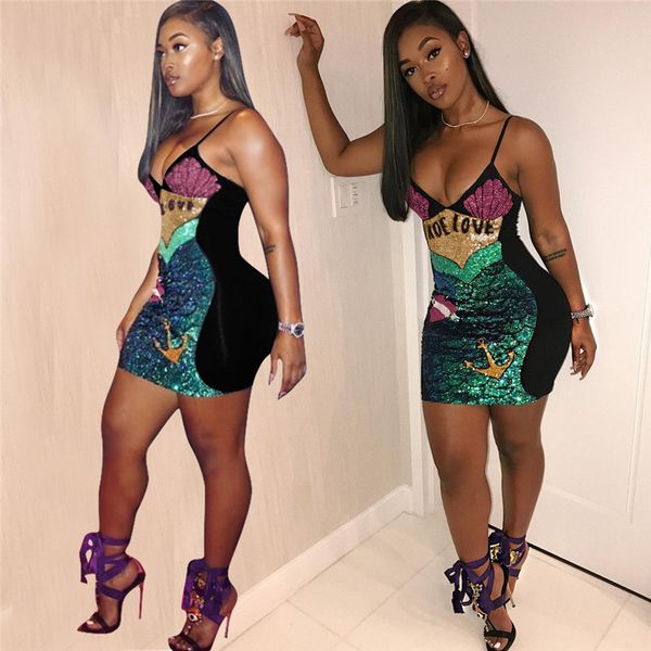 

sequin bodycorn party dress women summer v neck sleeveless colorful partern beach dress size s-2xl, Black;gray