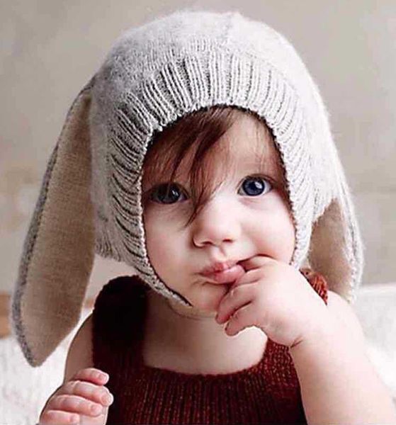 Sevimli Bebek Örgü Tığ Hayvan Tavşan Kulak Beanie Şapkalar Çocuk Sonbahar Kış Yün Yaratıcı Örgü Şapka Caps