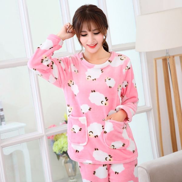 

фланель женщин пижамы женщин зима теплая с длинным рукавом брюки спортивный костюм набор, Black;red