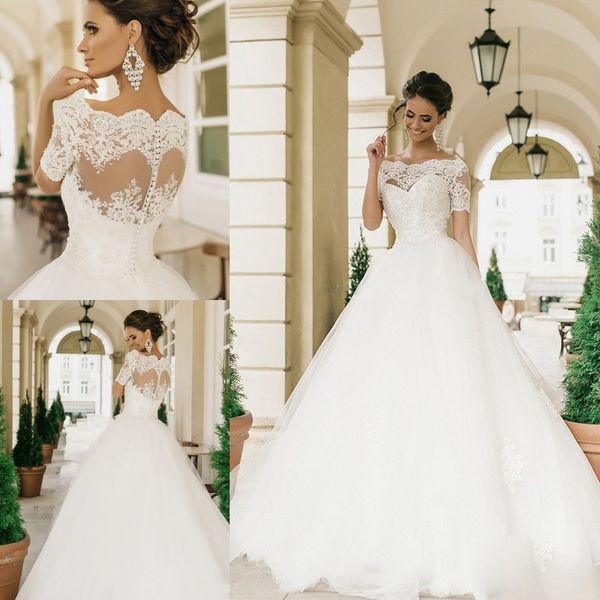 

с плеча vestido de novia милла-нова 2019 vintage кружева свадебные платья сексуальные короткие рукава аппликации халат де mariage платья, White