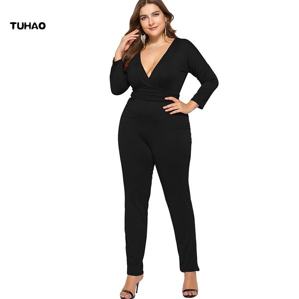 

tuhao 2018 autumn plus size 4xl 3xl big women's jumpsuit overalls solid jumpsuits large size macacao long pant lmtl, Black;white