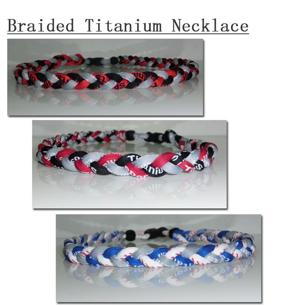 

baseball sports titanium 3 rope braided red blue white ge necklace, Golden;silver