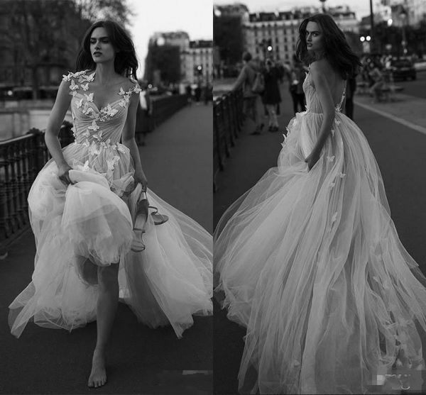 

liz martinez wedding dresses tulle butterfly appliques backless pleated beach a-line bridal gowns floor length, White