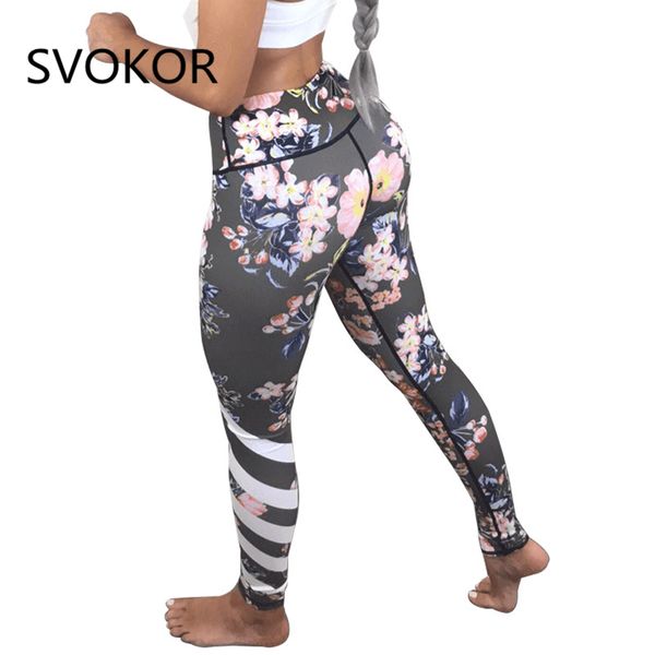 

svokor flower printed leggings women 2018 polyester ankle-length pants standard push up female legging for fitness, Black