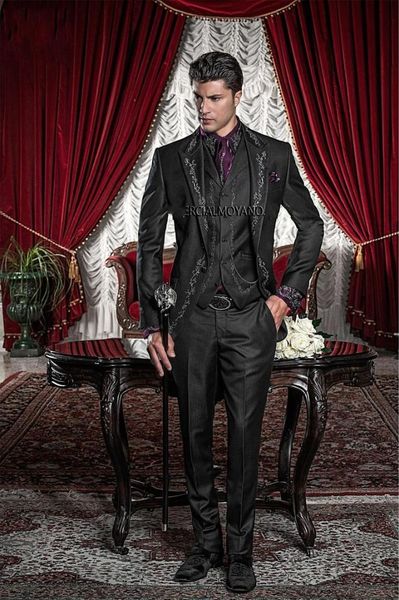 

new style black silver gray embroidery groom tuxedos groomsmen men's wedding prom suits bridegroom (jacket+pants+vest) k:594, White;black