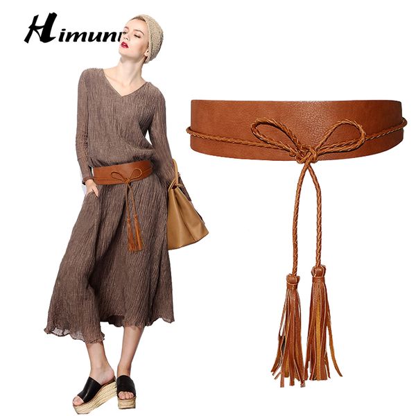 

himunu] women belt fashion cummerbunds design tassel waist belt cowhide leather wide belts female waistband for dress, Black;brown