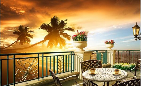 Carta da parati fotografica Alta qualità 3D Stereoscopico Fantasia estate spiaggia balcone scenario TV sfondo decorazione della parete immagine Parete del soggiorno