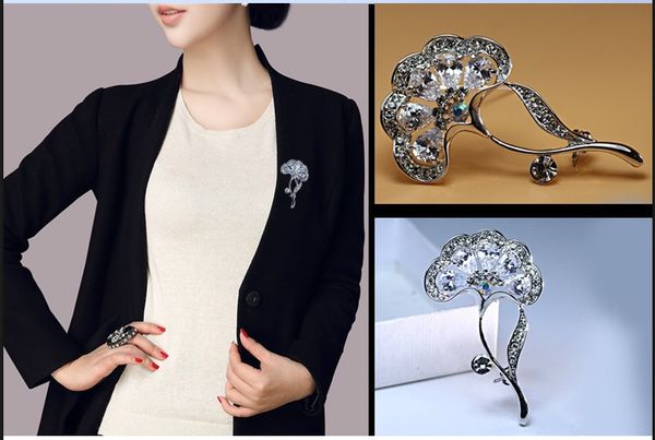 

girls silver color clothing ginkgo leaf brooches pins elegant women accessories rhinestone silver ginkgo leaf brooch wedding party, Gray