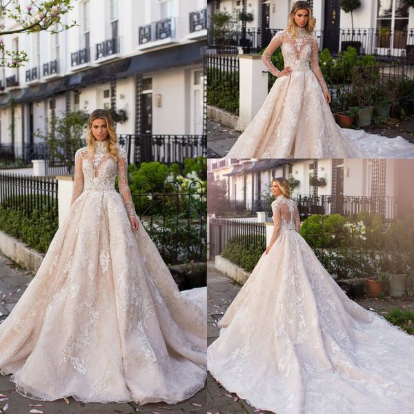 2019 Luxury Light Champagne Country Style A Line Abiti da sposa Collo alto Sheer maniche lunghe Illusion Corpetti Abiti da sposa applicati in pizzo