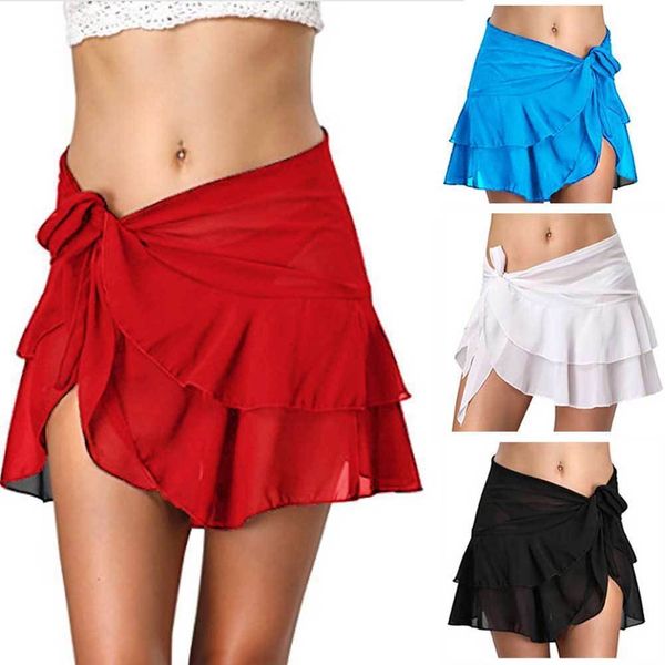 

women chiffon beach cover up summer ruffle bandage beachwear short bathing swim suit see through mini skirt new, Black