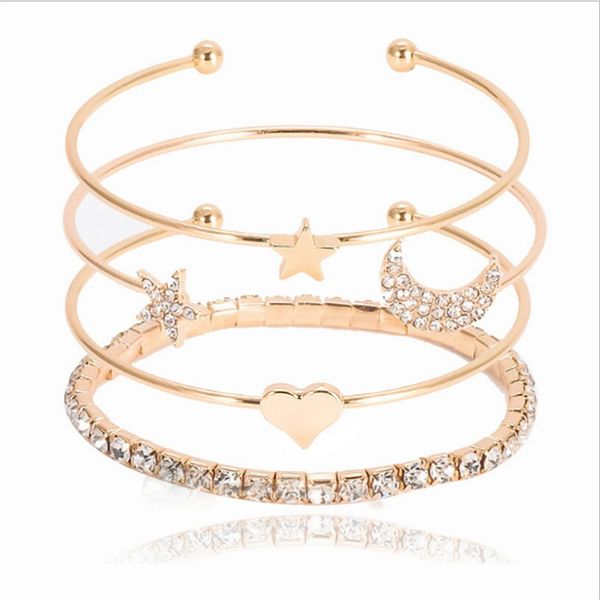 

4pcs/set star moon love heart bracelets jewelry set gold bangle chain bracelet women fashion jewelry accessories gift, Golden;silver
