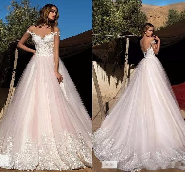 2019 Erröten Rosa Brautkleider Spitze Sheer Neck Cap Sleeves A-Linie Spitze Brautkleider Vestidos De Noiva Strand Sommer Brautkleider