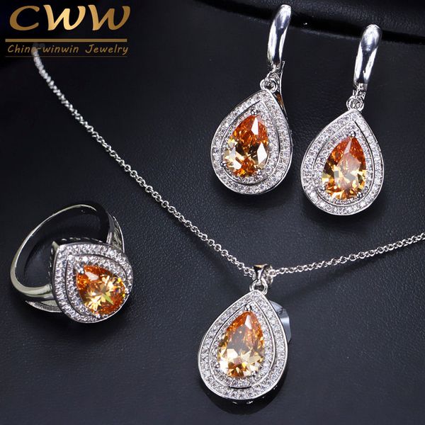 

cwwzircons trendy attractive champagne yellow water drop cubic zirconia crystal 925 sterling silver jewelry set for women t147