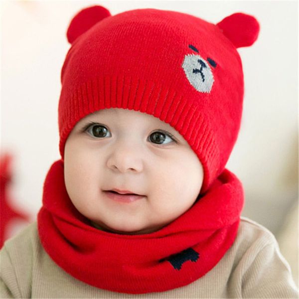 

2pcs/set fashion newborn hats knitted warm bear round machine cap protects ear bonnet baby winter caps + scarf suits, Yellow