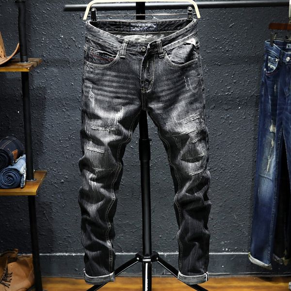 

fashion high street men jeans black color slim fit destroyed ripped jeans for men vintage style classical male punk pants, Blue