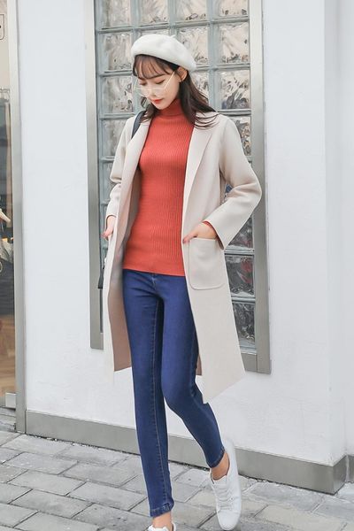 

2018 new autumn women wool blends long coat solid thin full sleeve collect waist coats outerwear black apricot 6190