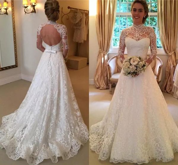 Discount Vintage Lace Wedding Dresses High Neck Illusion Sleeved