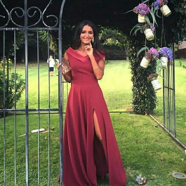 

long satin v neck evening dresses with side slit prom dresses vestidos de fiesta, Black;red