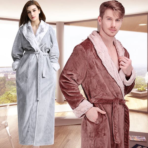 

women men winter extra long warm bathrobe luxury thick flannel fur bath robe soft thermal dressing gown robes bridesmaid, Black;red
