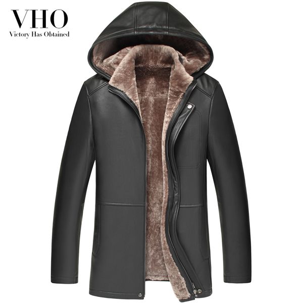 

vho natural real sheepskin coats for men long hooded fashion real fur lamb wool shearling genuine leather jacket warm thick, Black