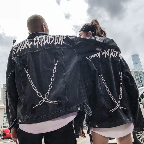 

2018 streetwear black chians deinn jacket for men, Black;brown
