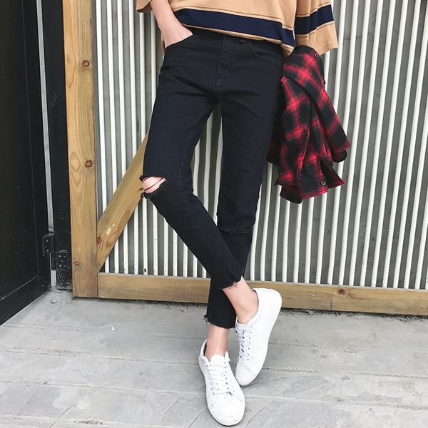 

2018 summer new men's solid color simple jeans personality fashion casual pants temperament street tight youth wild, Blue