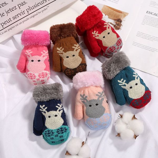 

winter elk head children knitted gloves thickening warm kids mittens with hanging rope 6 colors wholesale, Blue;gray