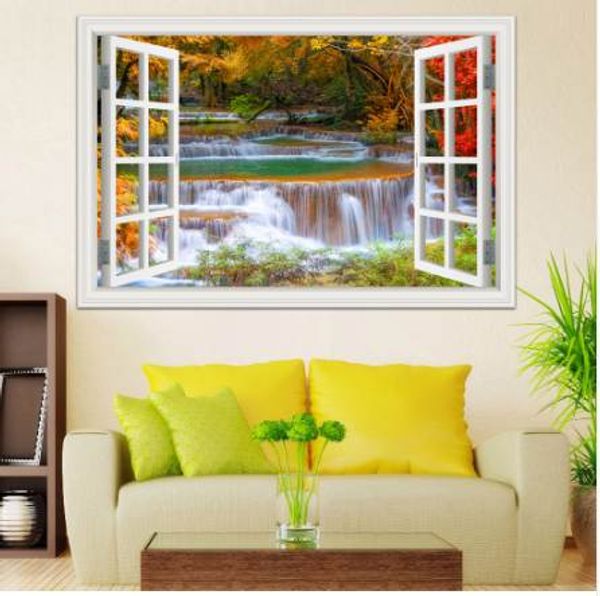 3D окно вид на стену стикер наклейки наклейка наклейка домашнего декора гостиная природа пейзаж наклейка водопад роспись обои стена искусства
