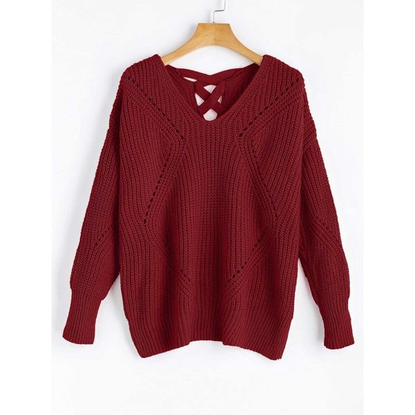 

zaful autumn winter women knitted sweater pink lace up knit v neck hollow out pullover jumper pull femme knitting sweater, White;black