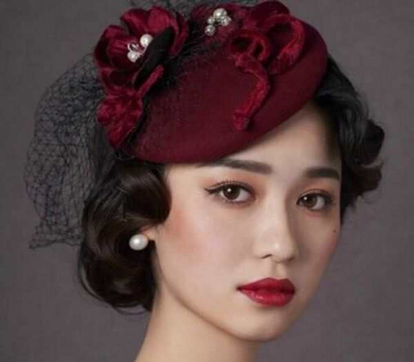 

vintage new style burgundy wedding bridal hats fascinators church headpiece hair accessories 2019 with handmade flowers and pearls9, White