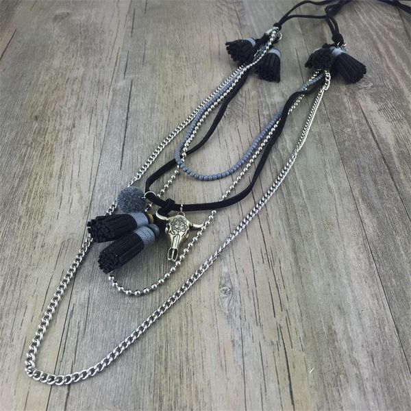 

women necklace leather tassel statement necklaces pendants vintage jewelry multi layers long necklace women, Golden;silver