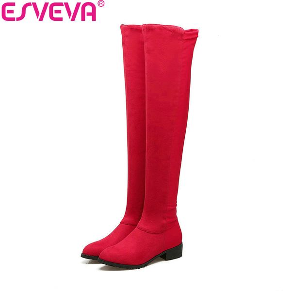 

esveva 2018 women boots round toe boots short plush over the knee suede square med heels slim look ladies size 34-43, Black