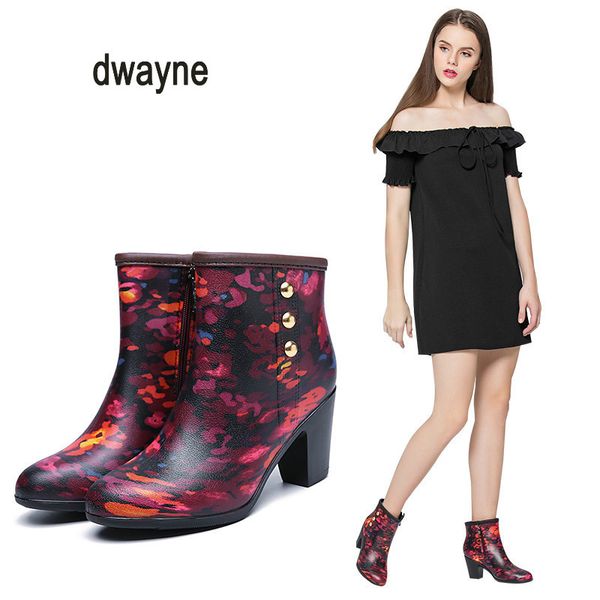 

dwayne autumn women fashion rain boots female middle tube rain boots with high heel ladies fashionable casual shoes women, Black
