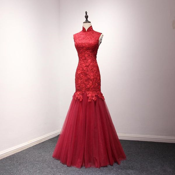 

chinese red high neck wedding dresses backless handmade appliques lace tulle floor length bridal gowns tie up back custom made, White