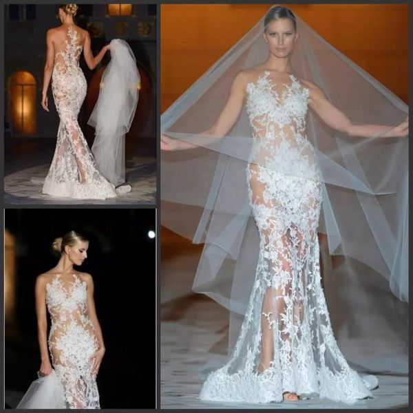 Novos vestidos de noiva de primeira ilusão pura vestidos de renda fotográficos de renda com miçania de miçanga sexy de costas