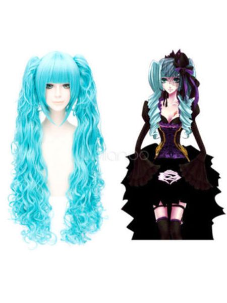 

vocaloid hatsune miku cosplay wig light sky blue curly wig hair clip ponytail, Black;brown