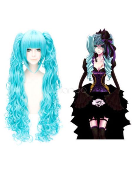 Parrucca Cosplay Vocaloid Hatsune Miku Parrucca riccia azzurra con fermaglio per capelli Coda di cavallo