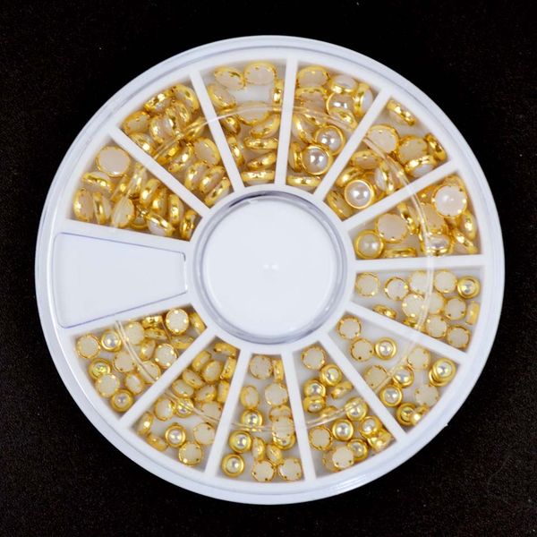 

1 box ab metal edge pearls rhinestones for nails beige color glitter nail beads studs diy nail art wheel rhinestones mjz0054, Silver;gold