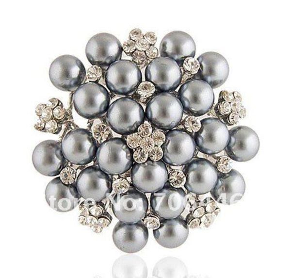 

silver tone silver grey faux pearl and rhinestone crystal large bridal brooch, Gray