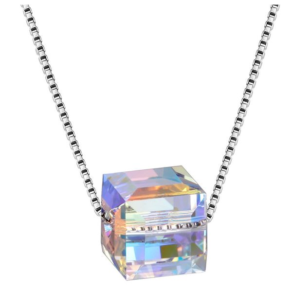 

luckyshine fashion simple design 6pcs/lot colorful sugar aurora crystal zircon silver plated square wedding pendants+chain jewelry